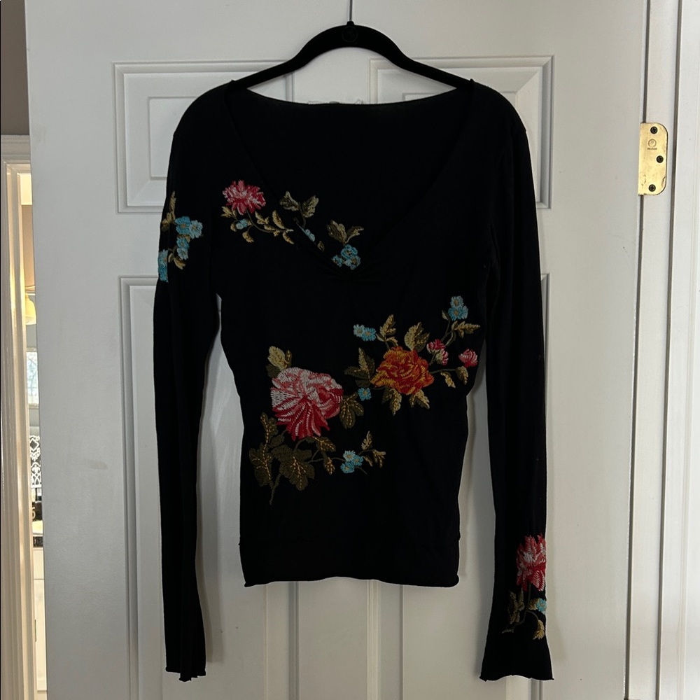 Johnny Was Black Top with Colorful Floral Embroidery
